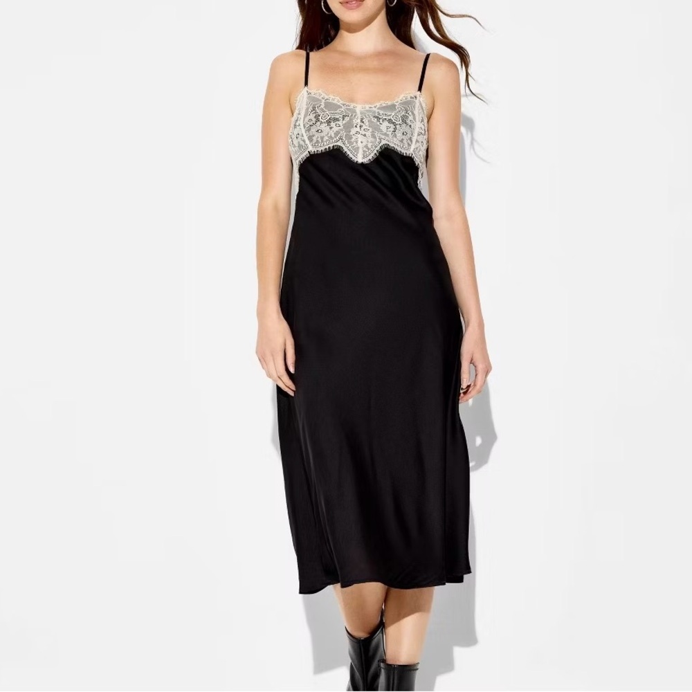 3/$20🍁SALE! NWOT Wild Fable Black Satin Cream Lace-Trim Slip Midi Dress